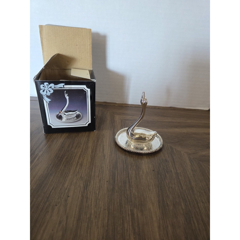 Silverplate Swan goose Bird Ring Holder Figurine on Decorative Base, Vintage